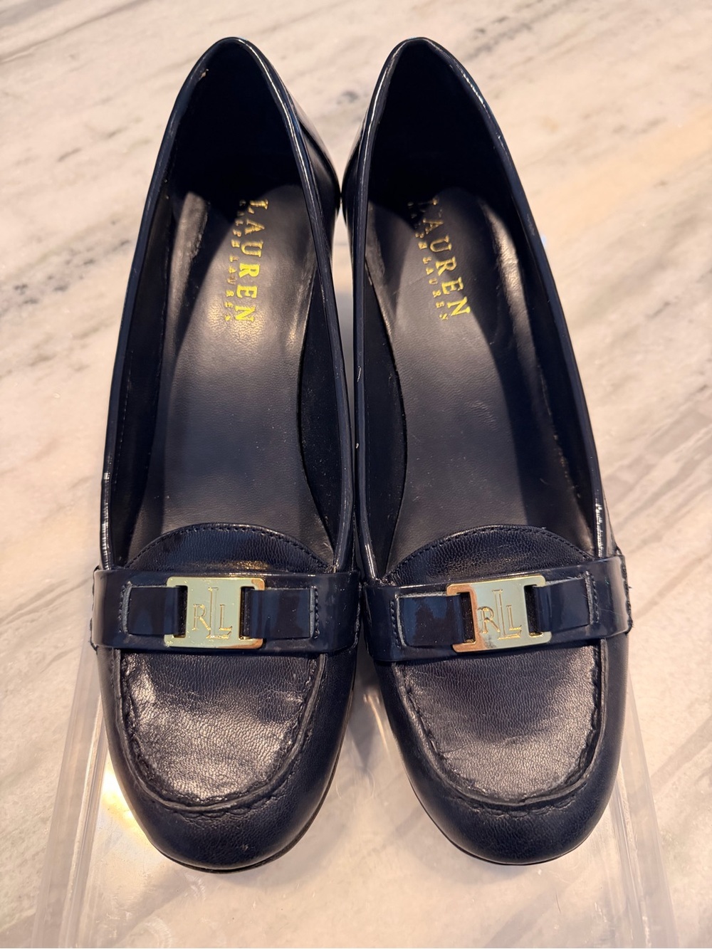 Lauren Ralph Lauren Navy Leather Loafers with Gold Accent - Picture 2 of 6
